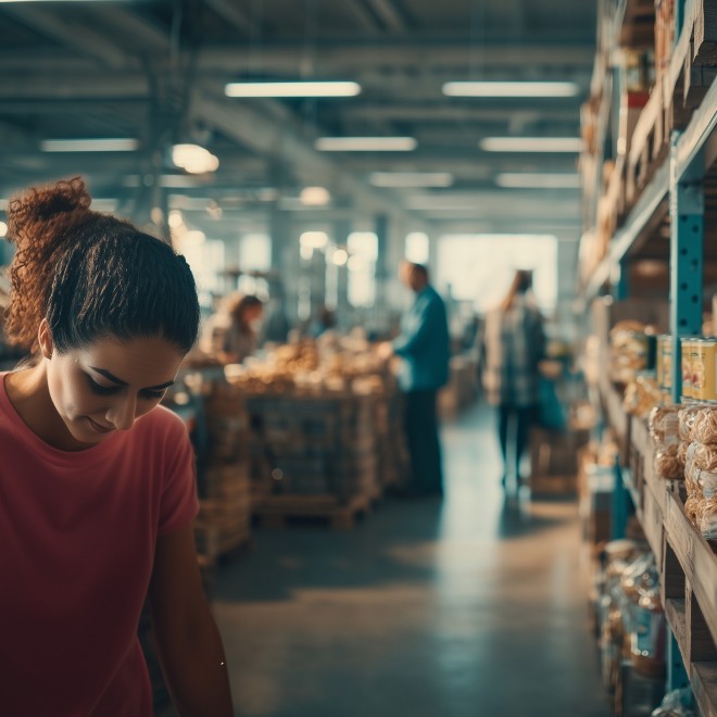 A woman shops in a brightly lit grocery store aisle, with shelves of products and other shoppers visible in the background.