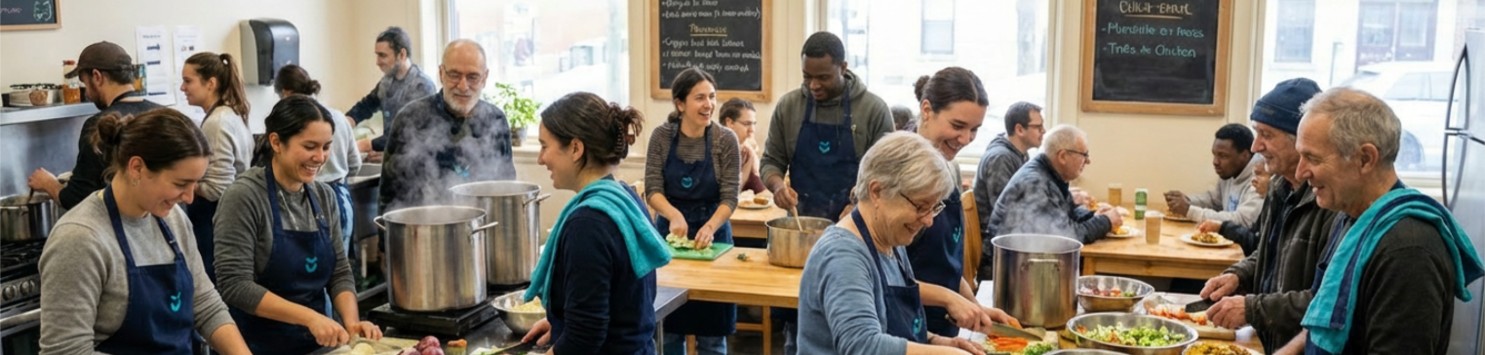 Volunteers wearing aprons prepare and serve food in a busy community kitchen, while people sit at tables eating meals.