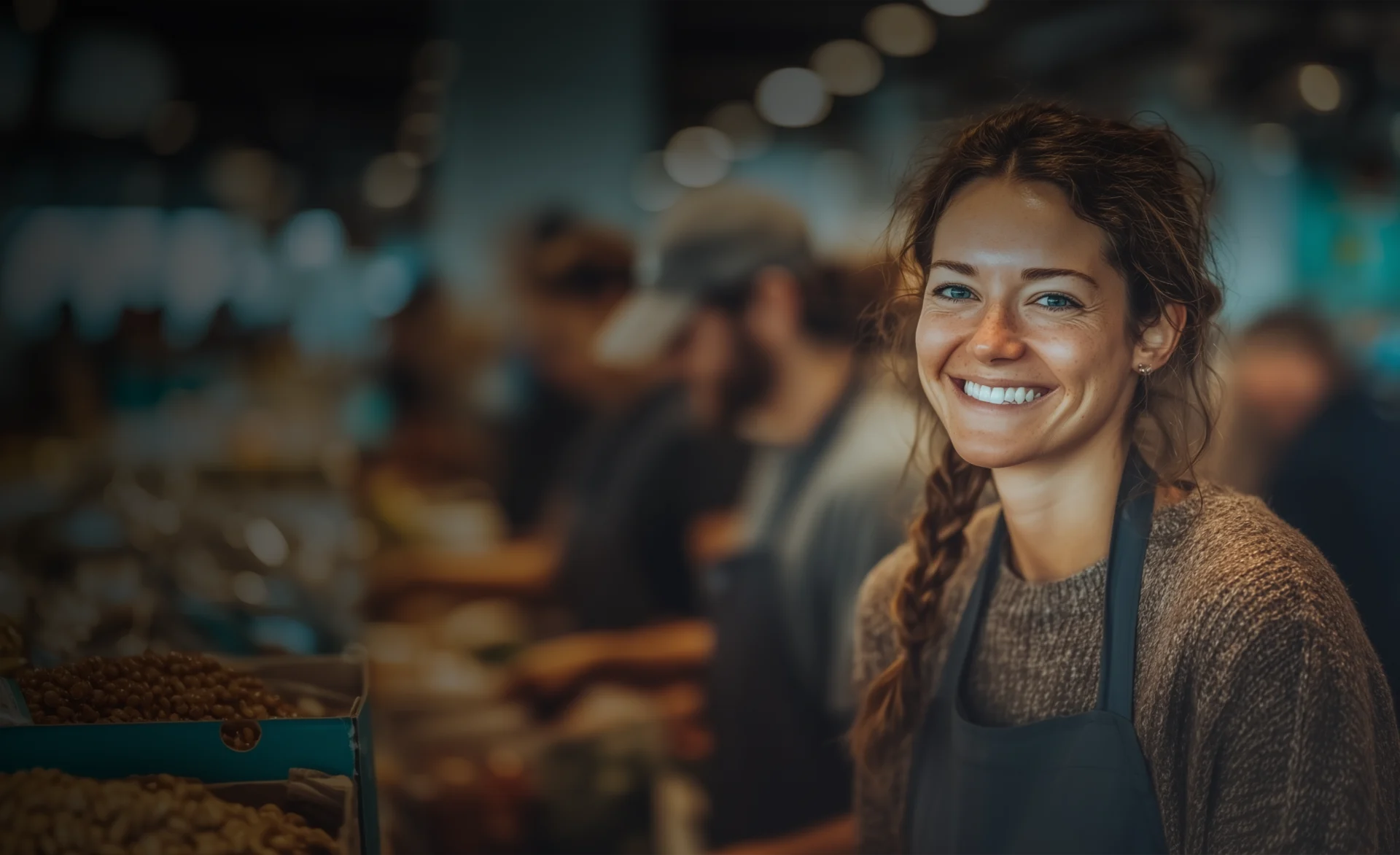 A woman wearing an apron smiles at the camera while standing in a busy indoor market or food stall.