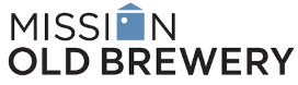 Logo for Mission Old Brewery, featuring stylized black text and a blue square with a white dot and triangle above it, representing a house, between the words "MISSION" and "OLD BREWERY.