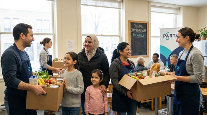 Volunteers in aprons hand boxes of groceries to smiling families inside a community center. Other people are seated and talking in the background.