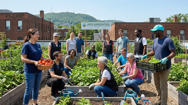 A group of people work together harvesting vegetables in a community garden, with raised beds and a sign that reads “Jardin Communautaire” in the background.