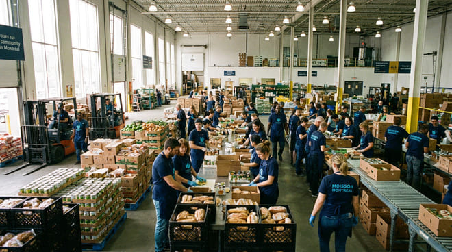 Large group of people in a warehouse sorting and packing food items into boxes; shelves and forklifts visible in the background.