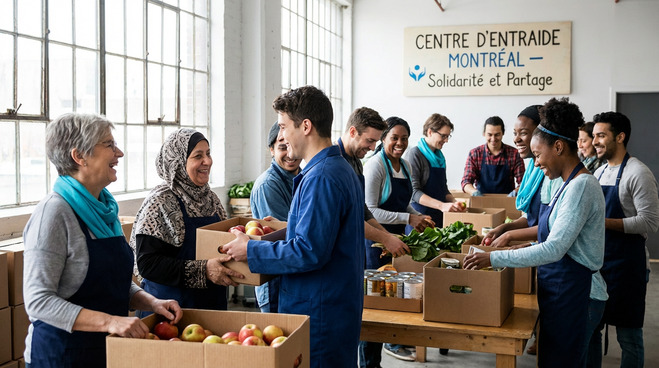 A diverse group of people wearing aprons pack food items into boxes at a community center with a sign reading “Centre d’entraide Montréal – Solidarité et Partage.”.