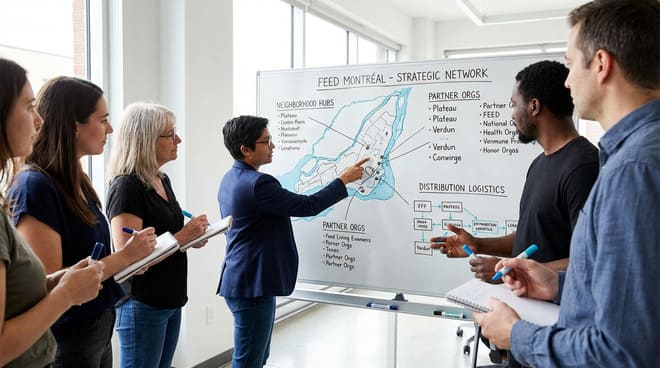 A group of people stands around a whiteboard as one person points to a strategic network map; others take notes and observe.