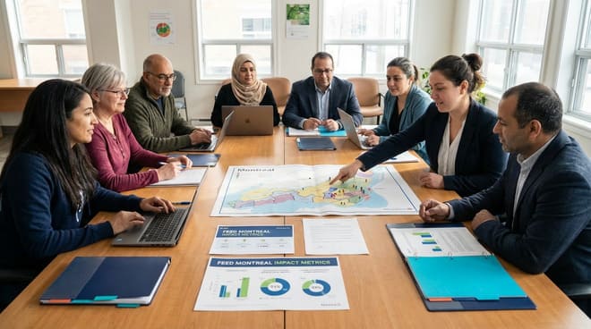Eight people sit around a table in a meeting room, discussing maps and charts related to Montreal, with documents and laptops in front of them.