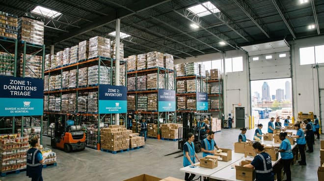 Large warehouse with high shelves of boxed goods, workers in blue vests sorting items, and labeled zones for donations and inventory; city skyline visible through large windows.